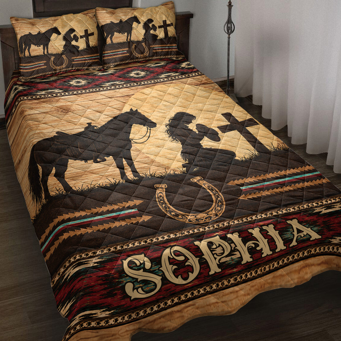 Cowgirl quilt blanket displayed on a bed with horse silhouettes, horseshoes, rustic wood textures, and Southwestern patterns