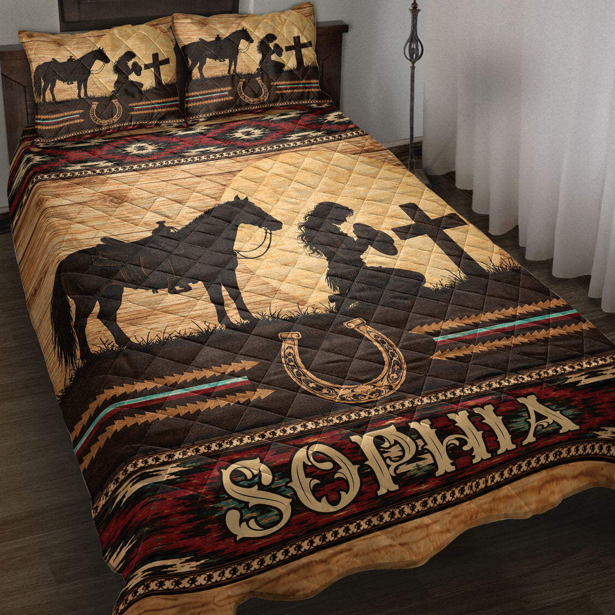 Cowgirl quilt blanket displayed on a bed with horse silhouettes, horseshoes, rustic wood textures, and Southwestern patterns