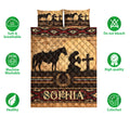 Cowgirl quilt bedding set shown against a white background with horse artwork, horseshoes, and product feature icons