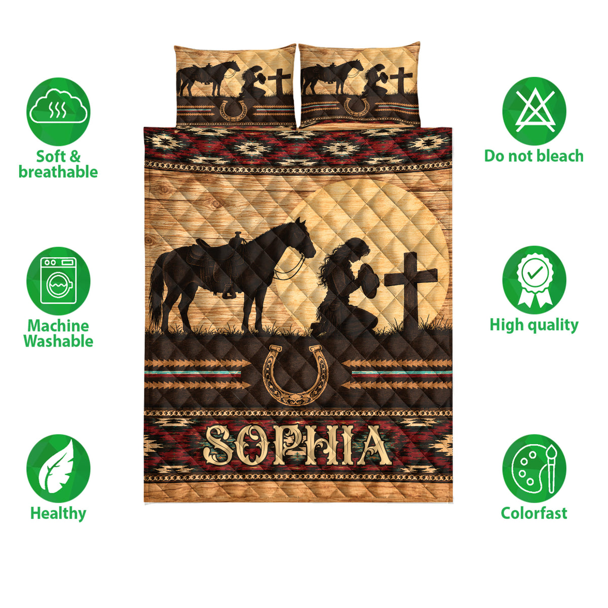 Cowgirl quilt bedding set shown against a white background with horse artwork, horseshoes, and product feature icons