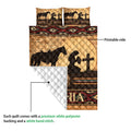 Cowgirl quilt blanket showing the printed artwork side and white quilted backing with horse and western imagery