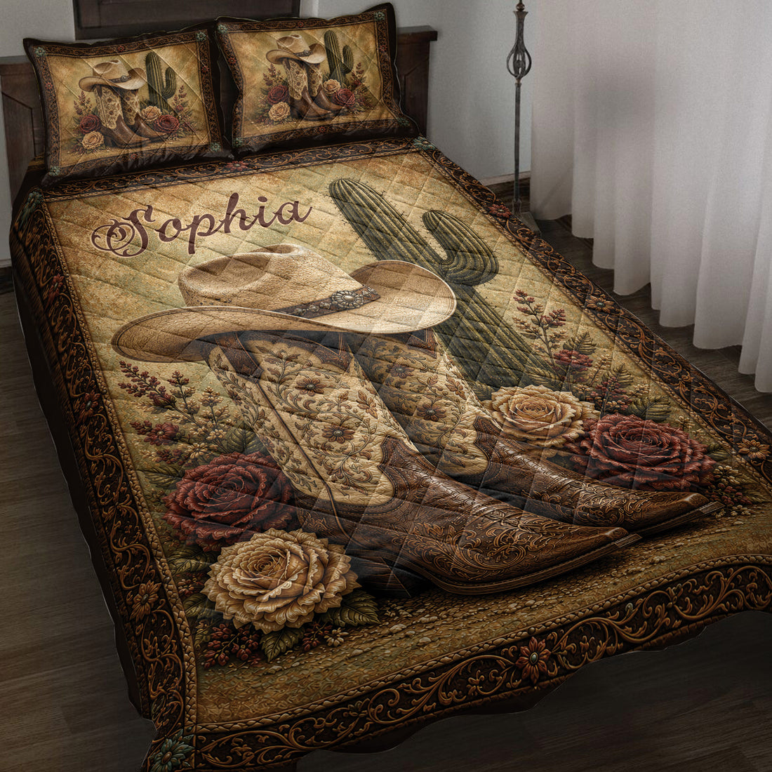 Cowgirl quilt blanket styled on a bed with cowboy boots, hat, cactus, roses, and ornate Western artwork