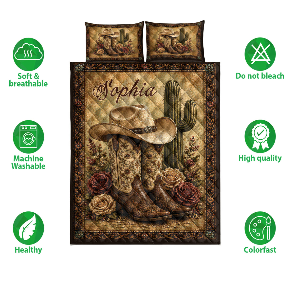 Front-facing cowgirl quilt blanket featuring Western boots, cowboy hat, cactus, roses, and decorative border