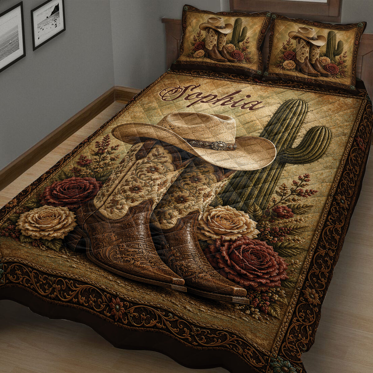 Angled bedroom view of a cowgirl quilt blanket with ornate boots, cactus, roses, and Western decor