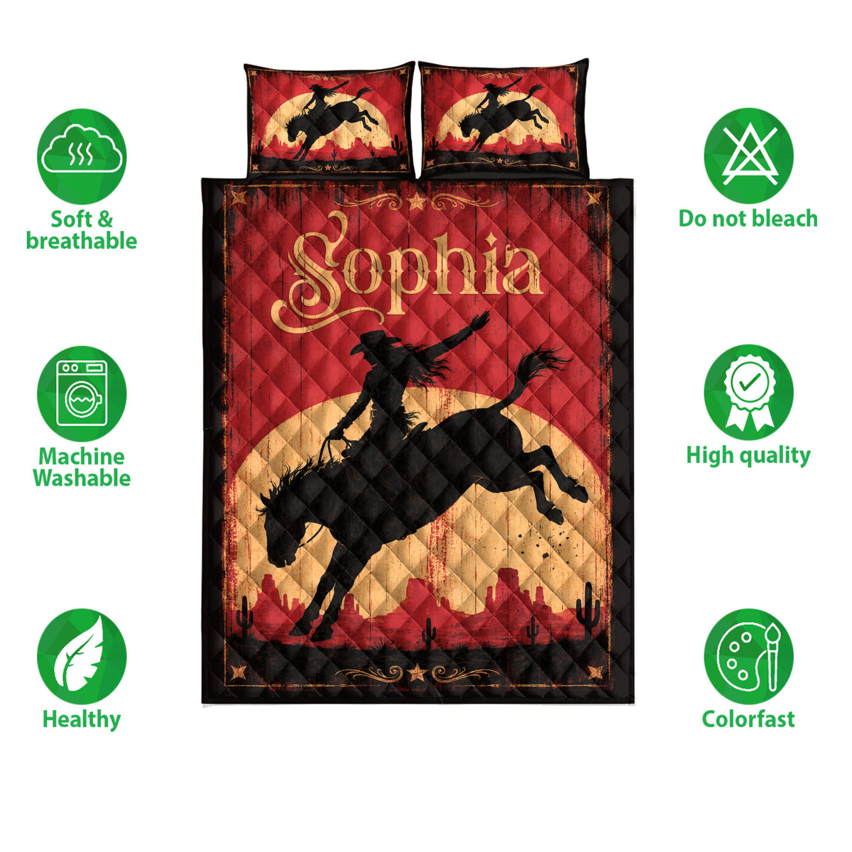 Red cowgirl quilt blanket shown front-facing with rodeo artwork, desert silhouettes, horses, and Western styling