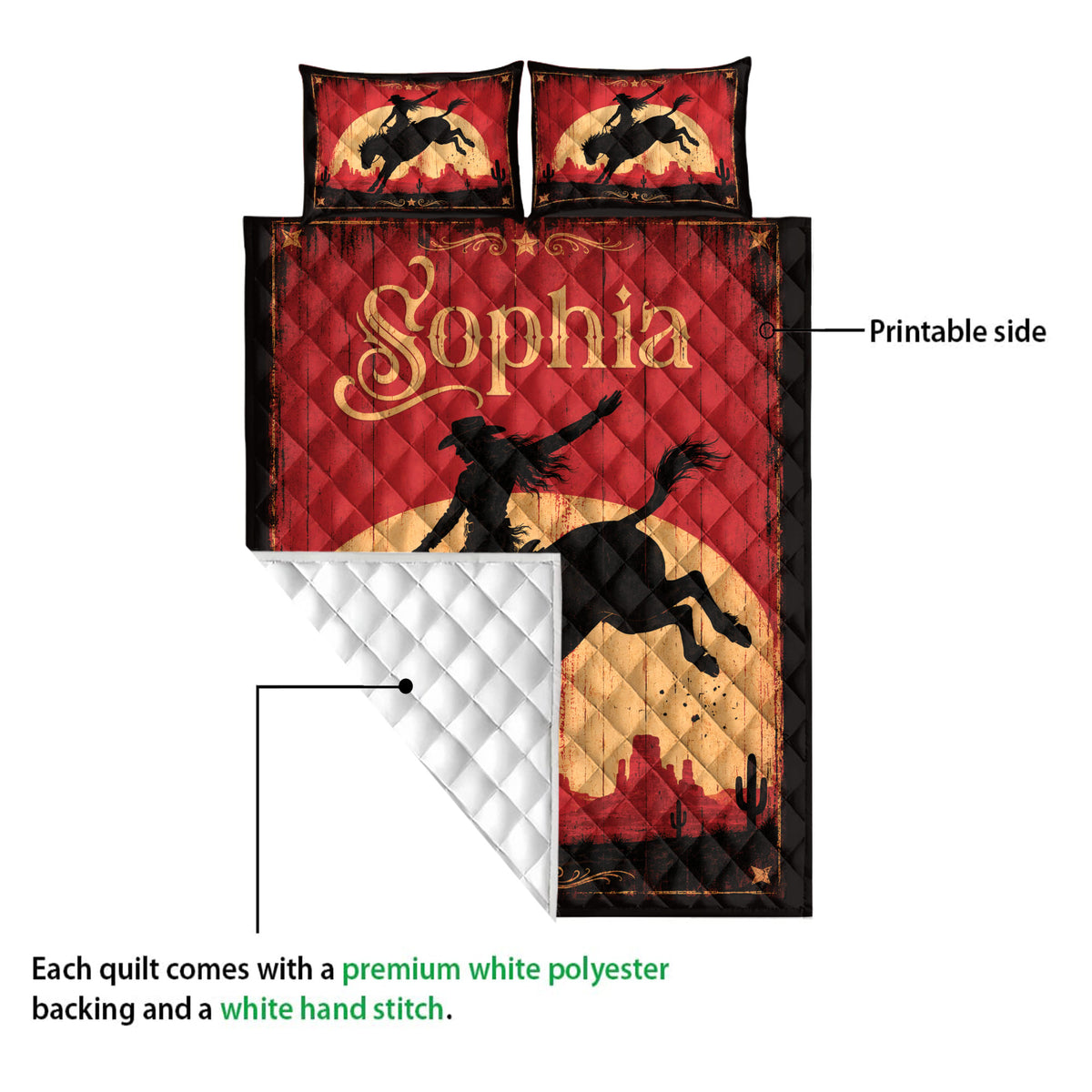 Cowgirl quilt blanket showing the printed Western front and white quilted backing detail
