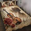 Violin quilt blanket bedding set displayed on a bed with roses, musical notes, and an artistic violinist silhouette