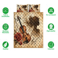 Violin quilt bedding set shown with matching artwork, rose accents, musical notes, and feature icons