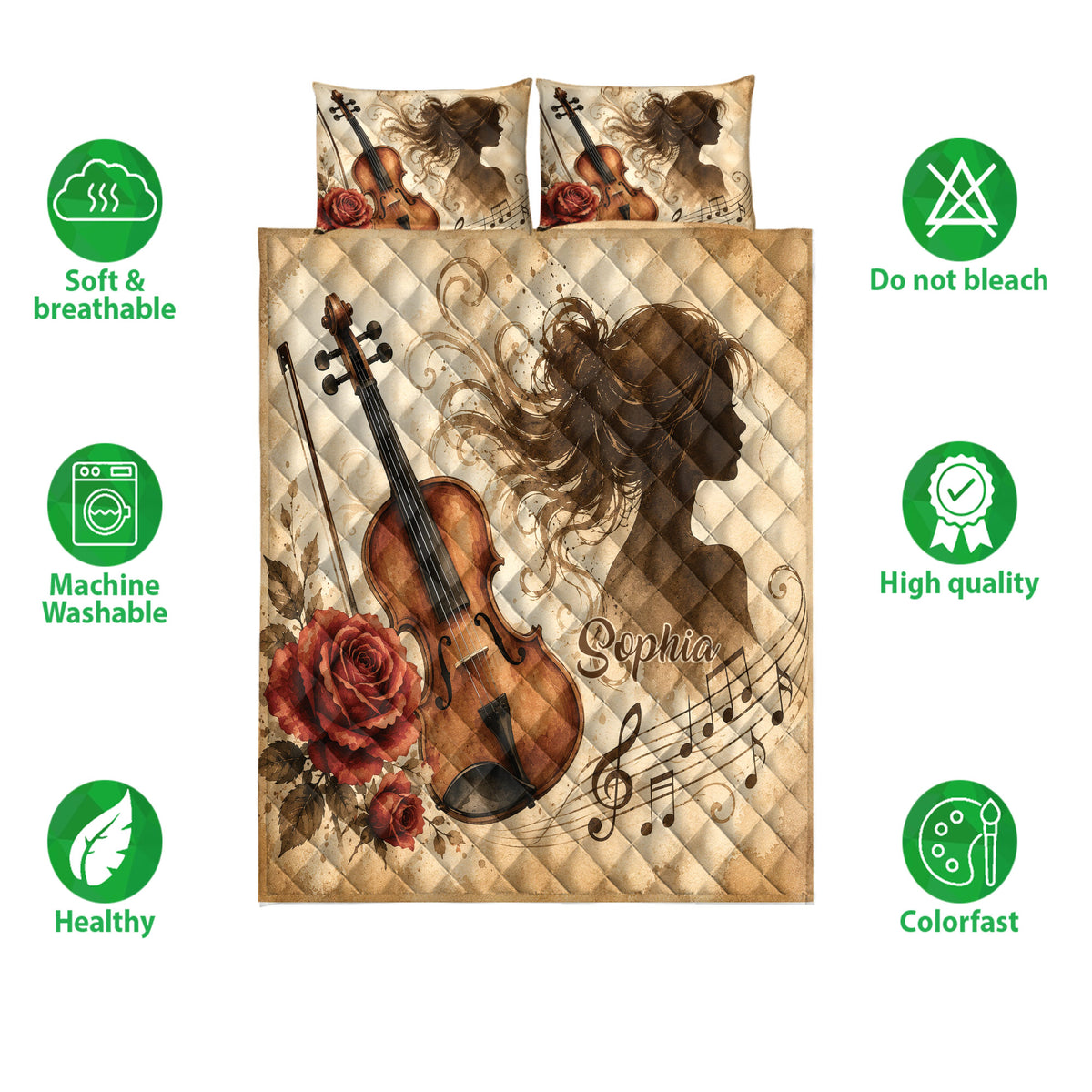 Violin quilt bedding set shown with matching artwork, rose accents, musical notes, and feature icons