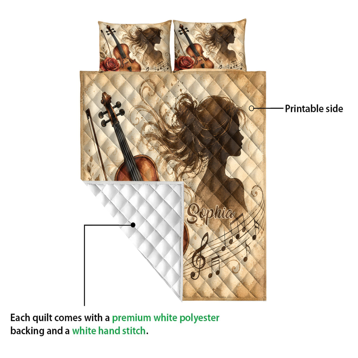 Violin quilt blanket showing the printed front, white quilted backing, and stitched construction