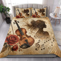 Violin quilt bedding styled in a bright bedroom with rose, musical note, and violin artwork