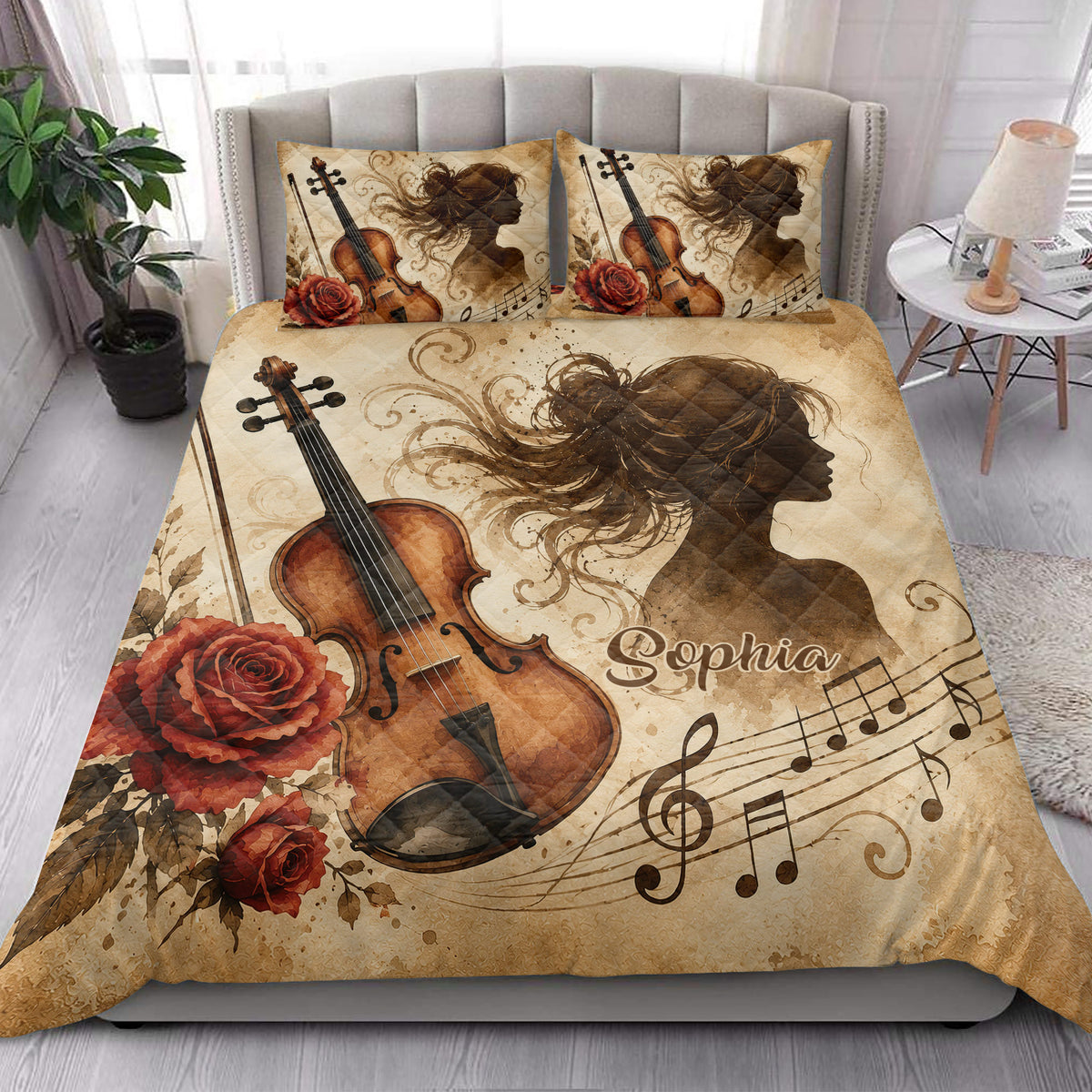 Violin quilt bedding styled in a bright bedroom with rose, musical note, and violin artwork