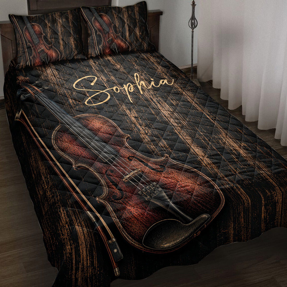Black and copper violin quilt blanket displayed on a bed with matching violin artwork pillows