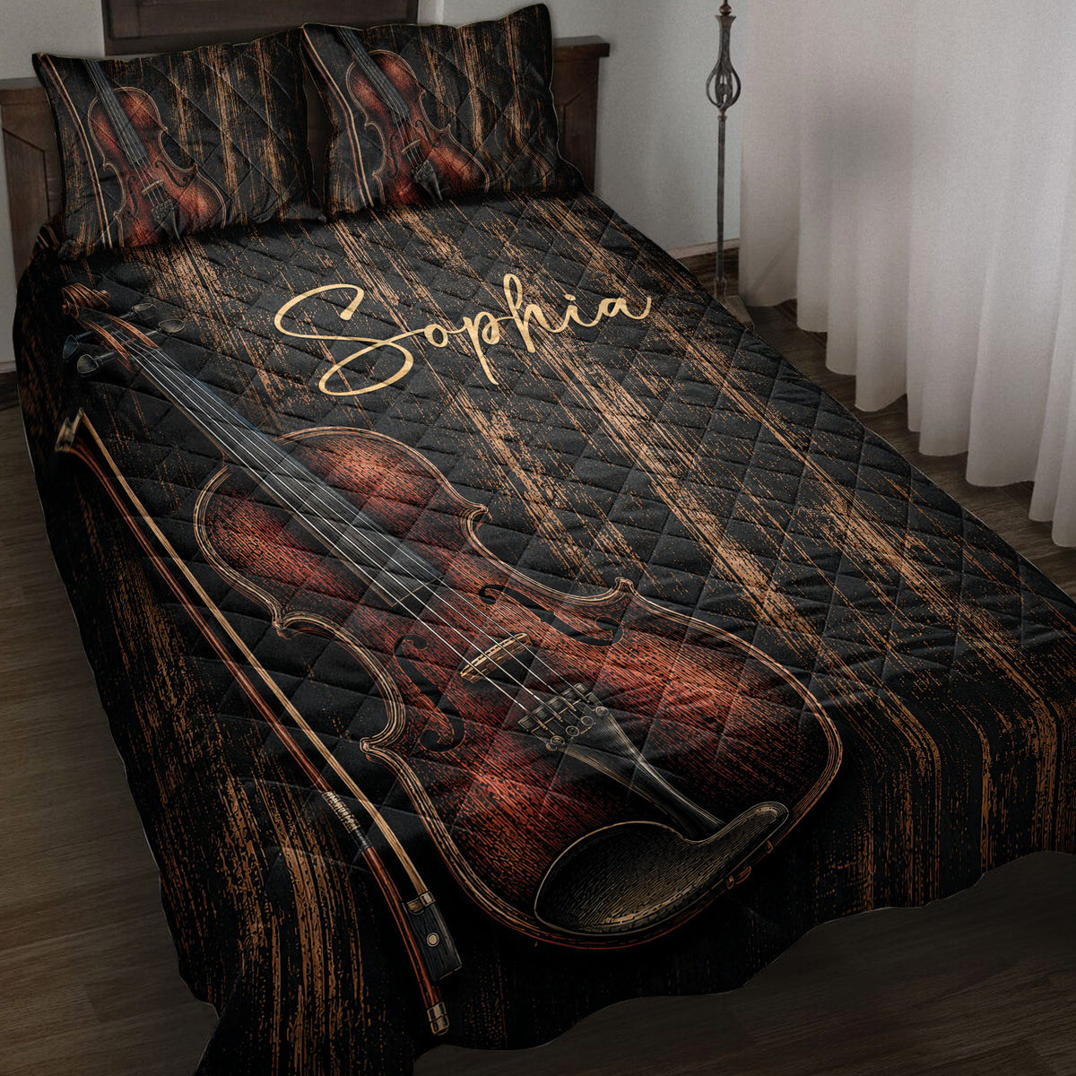 Black and copper violin quilt blanket displayed on a bed with matching violin artwork pillows