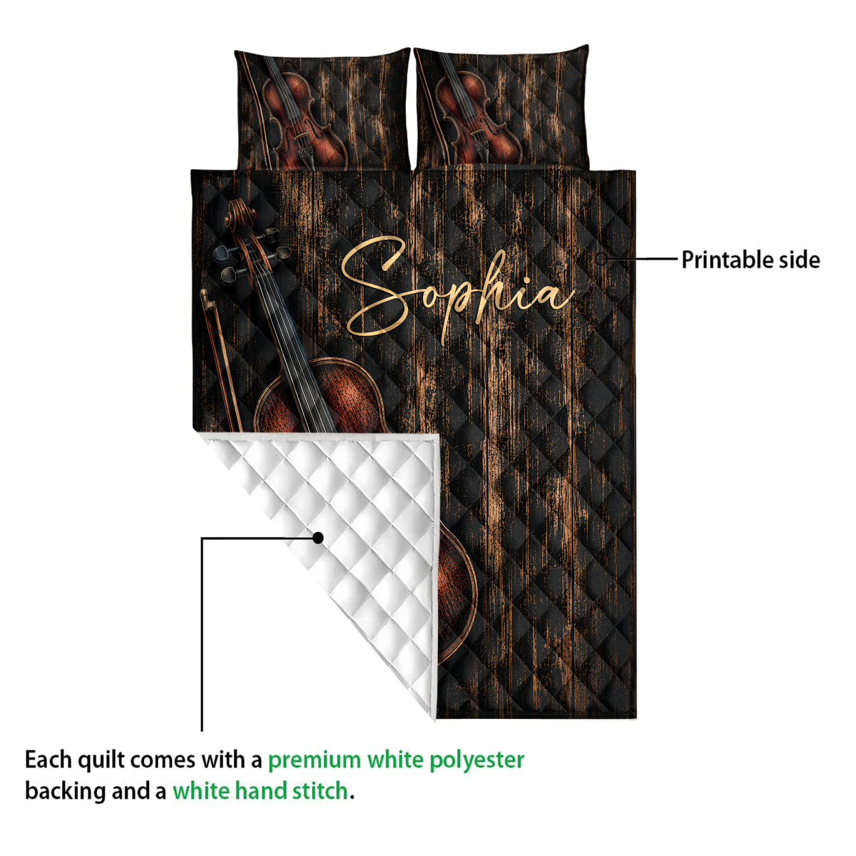 Violin quilt blanket showing the printed front and white quilted backing in a product detail view