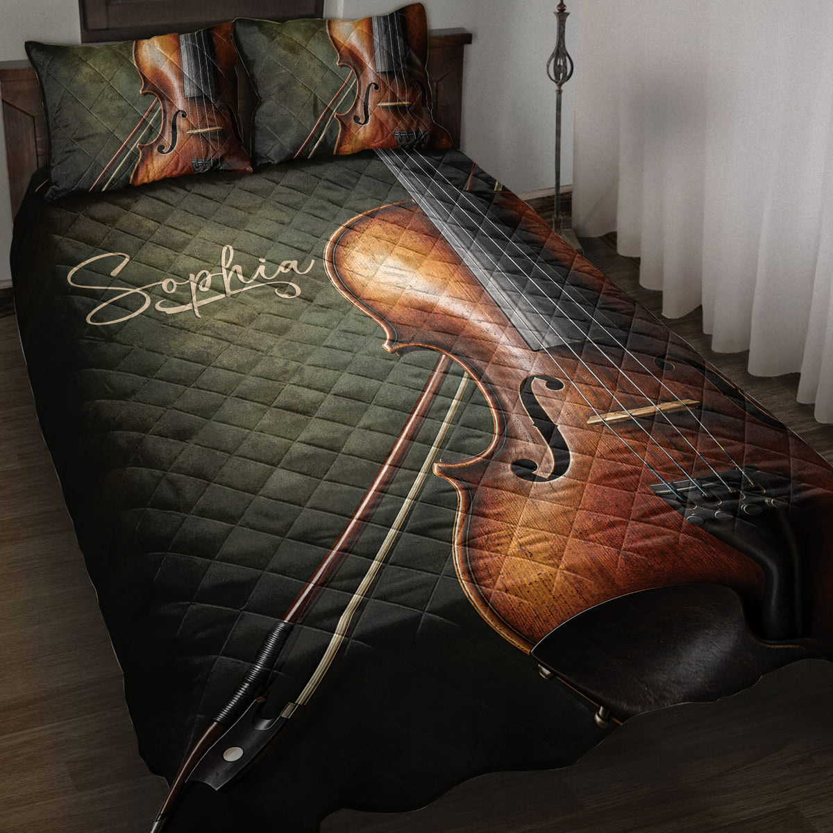 Violin quilt blanket displayed on a bed with rich brown, black, and olive artwork