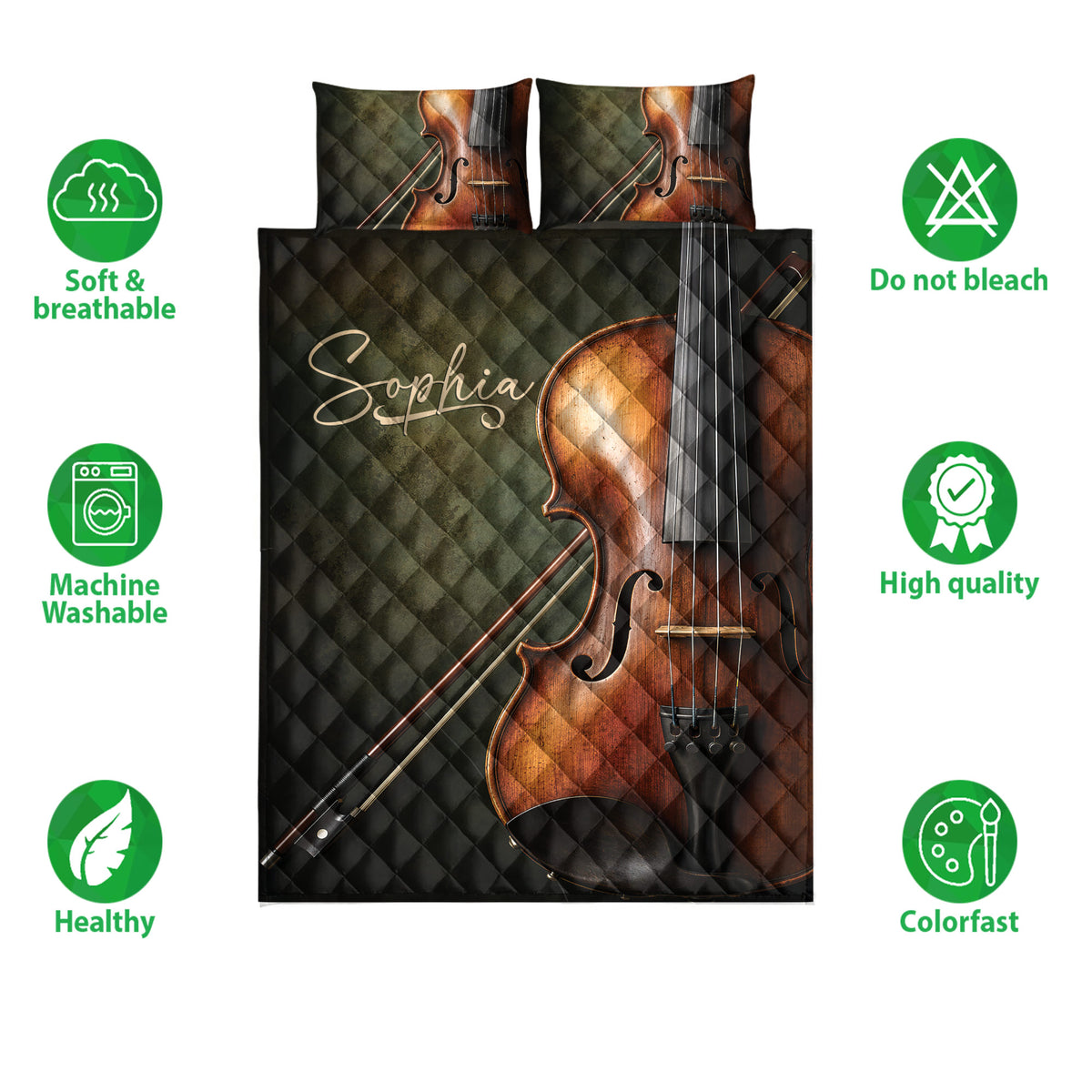 Violin quilt bedding set shown fully with matching instrument artwork and soft green accents