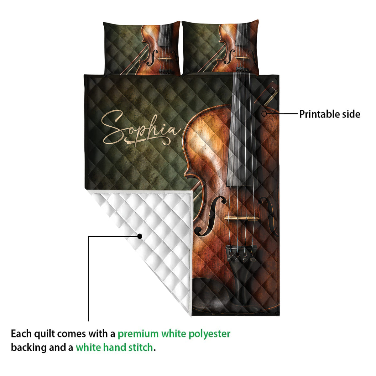 Violin quilt showing the printed front and white diamond-stitched reverse