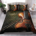 Violin quilt bedding styled in a bright bedroom with detailed instrument artwork