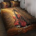 Violin quilt blanket bedding set displayed on a bed with matching violin artwork on the pillows
