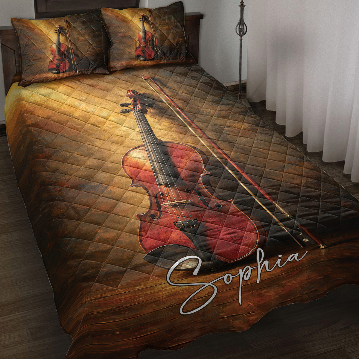 Violin quilt blanket bedding set displayed on a bed with matching violin artwork on the pillows