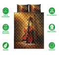 Violin quilt bedding set with matching pillows and illustrated feature icons around the design