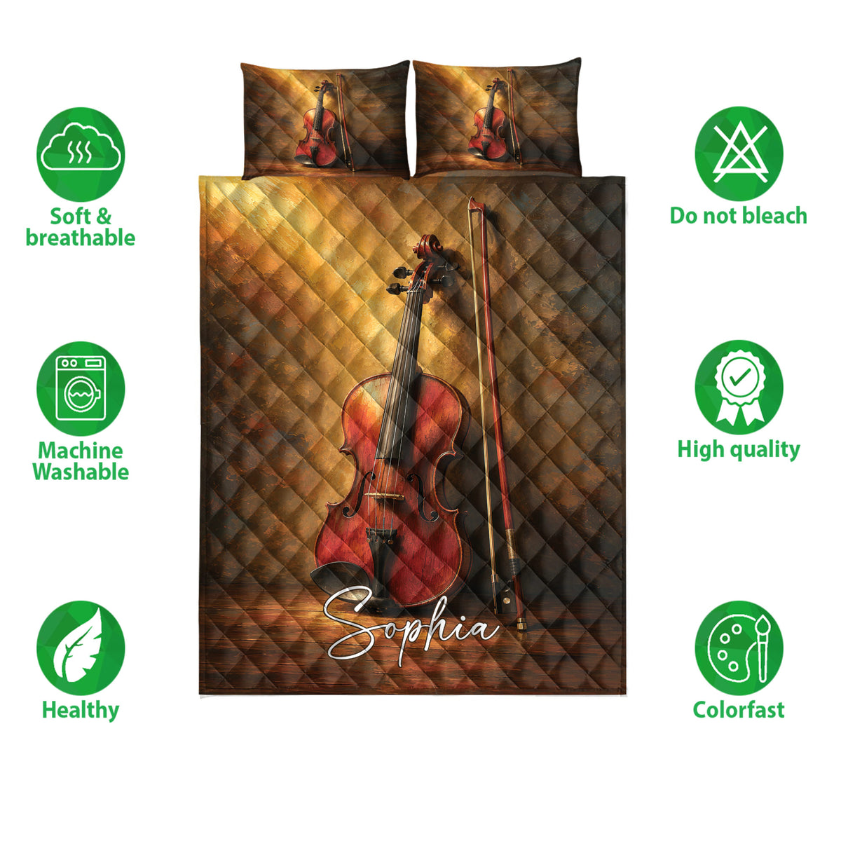 Violin quilt bedding set with matching pillows and illustrated feature icons around the design