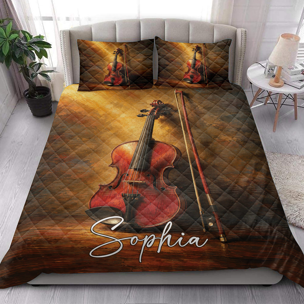 Violin quilt blanket bedding set styled in a bright bedroom with matching violin pillows