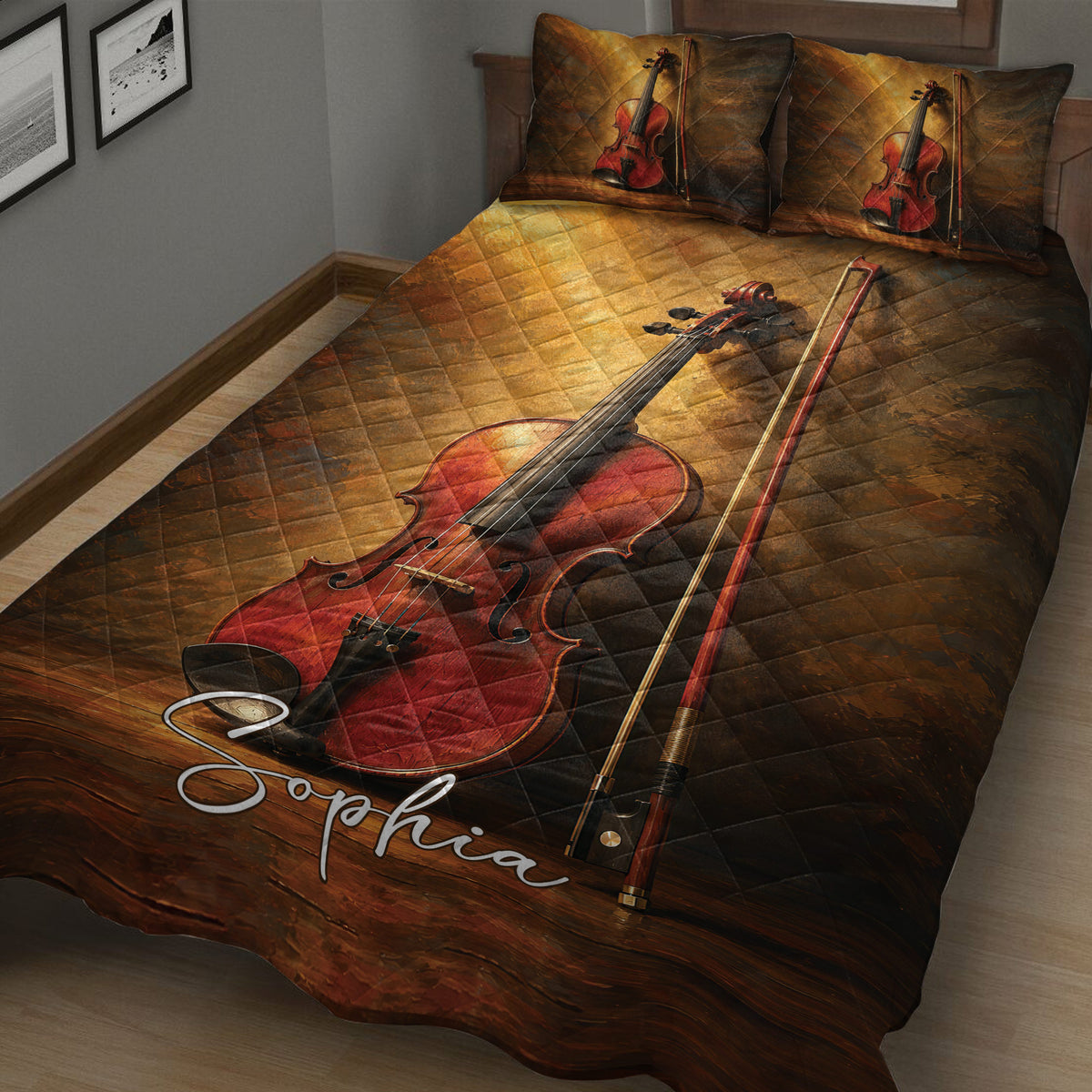 Angled bedroom view of a warm brown violin quilt blanket with matching instrument pillows