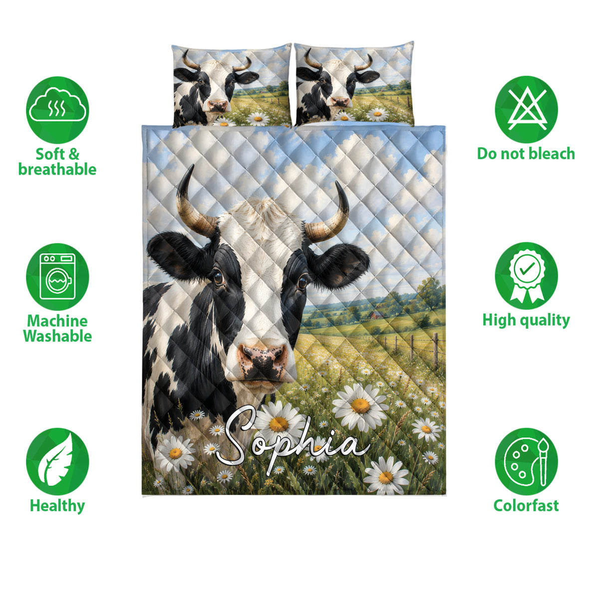 Dairy cow quilt bedding set with cow artwork, meadow landscape, and visible care and quality icons