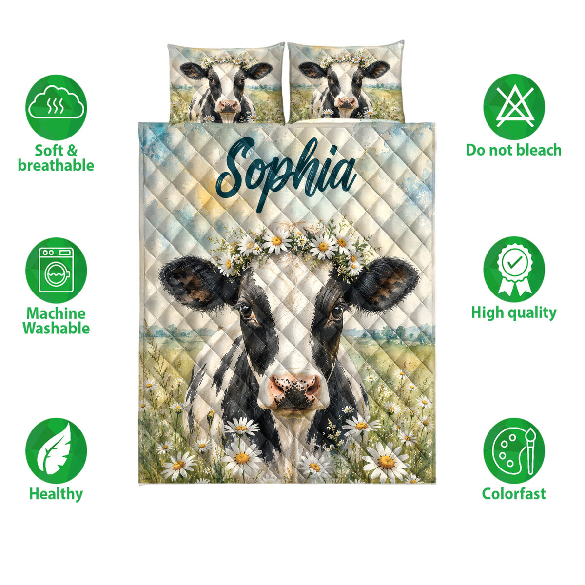 Dairy cow quilt bedding design with meadow flowers shown alongside soft and breathable feature icons