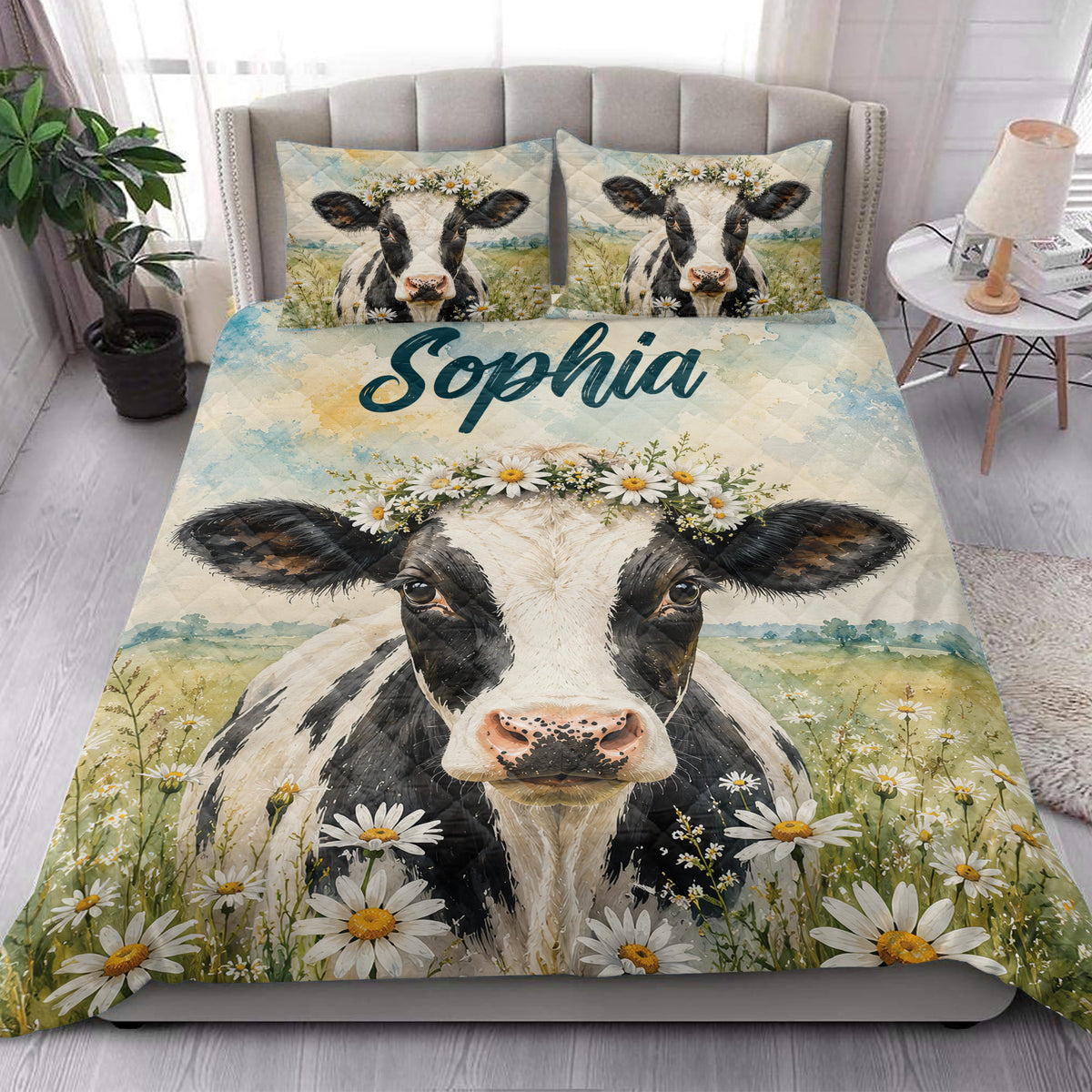 Dairy cow quilt blanket styled in a bright bedroom with close-up cow and daisy artwork