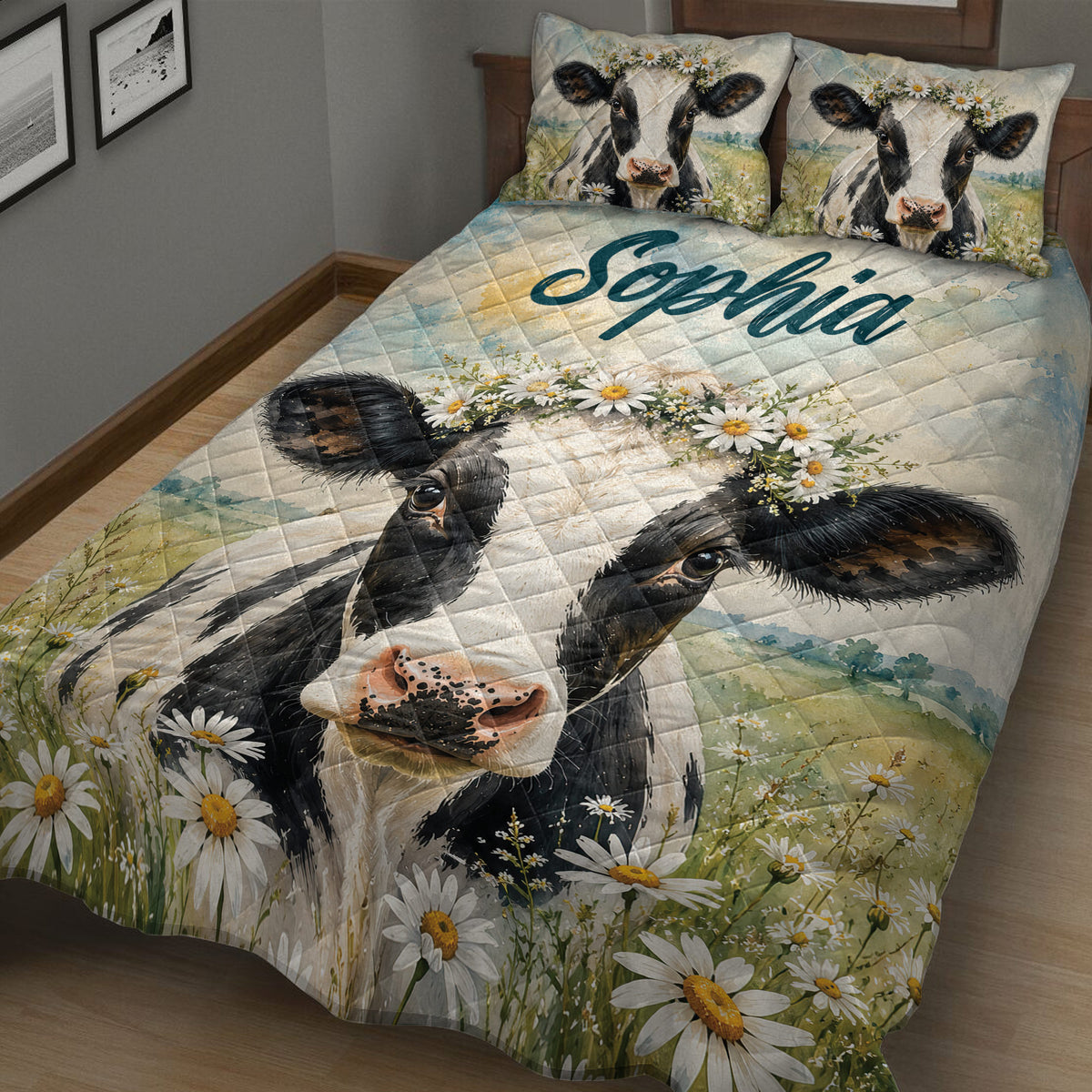 Dairy cow quilt bedding set displayed in a rustic bedroom with black and white cow and daisy design