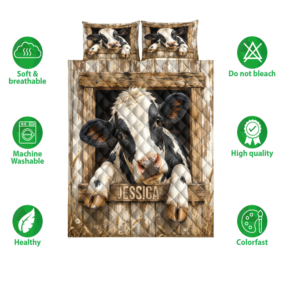 Front view of dairy cow quilt bedding with rustic barn artwork and soft breathable product feature icons