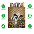 Dairy cow quilt bedding set displayed with sunflower artwork and soft breathable feature icons