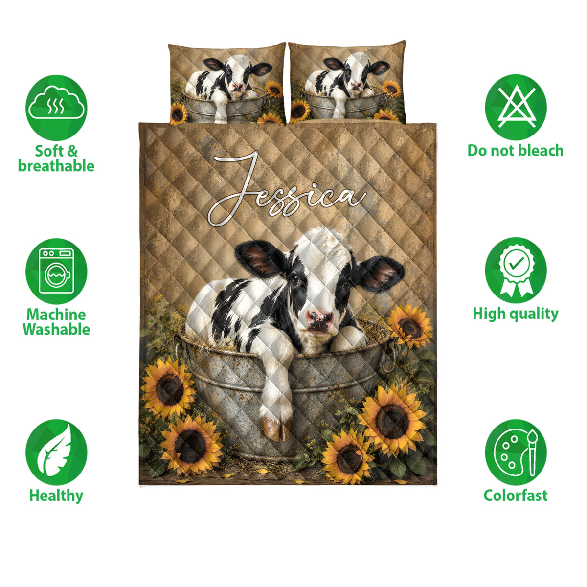 Dairy cow quilt bedding set displayed with sunflower artwork and soft breathable feature icons
