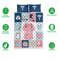 Nursing quilt bedding set shown with medical-themed panels, caduceus symbols, blue and pink colors, and feature icons