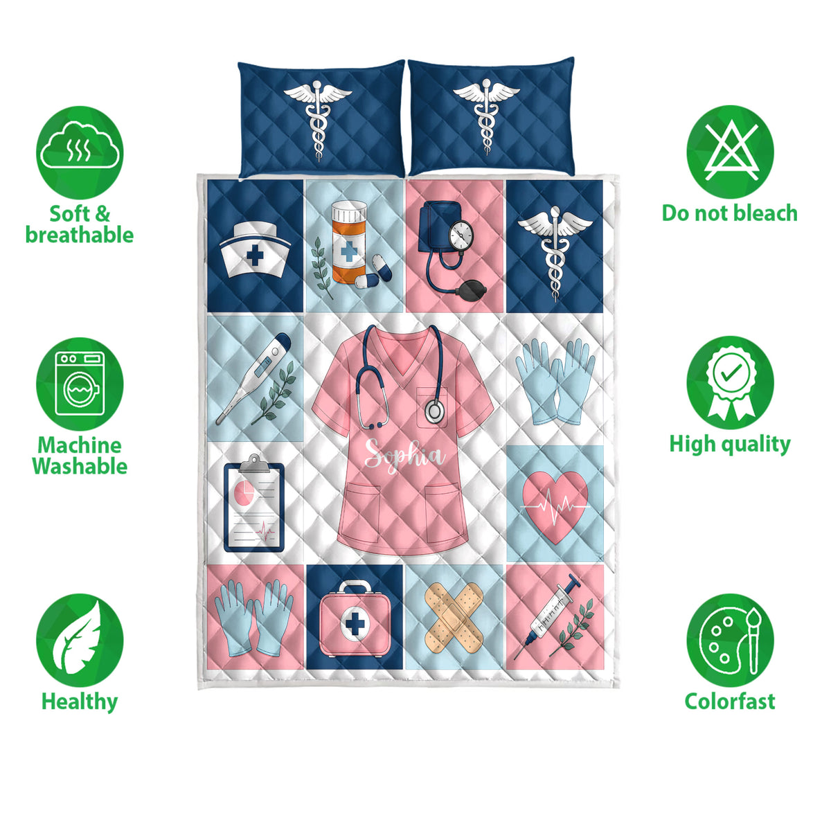 Nursing quilt bedding set shown with medical-themed panels, caduceus symbols, blue and pink colors, and feature icons