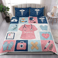 Nurse quilt bedding displayed in a bright bedroom with scrubs, stethoscope, medical supplies, gloves, and heart motifs