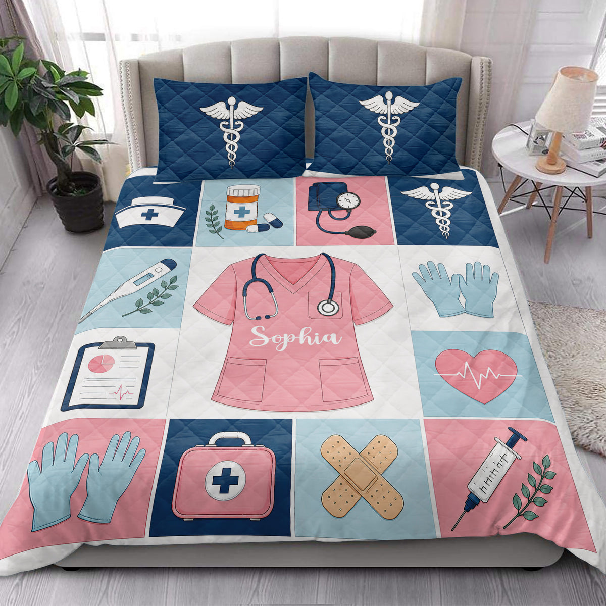 Nurse quilt bedding displayed in a bright bedroom with scrubs, stethoscope, medical supplies, gloves, and heart motifs