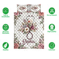 Nurse quilt bedding set shown with floral stethoscope artwork and product care and quality feature icons