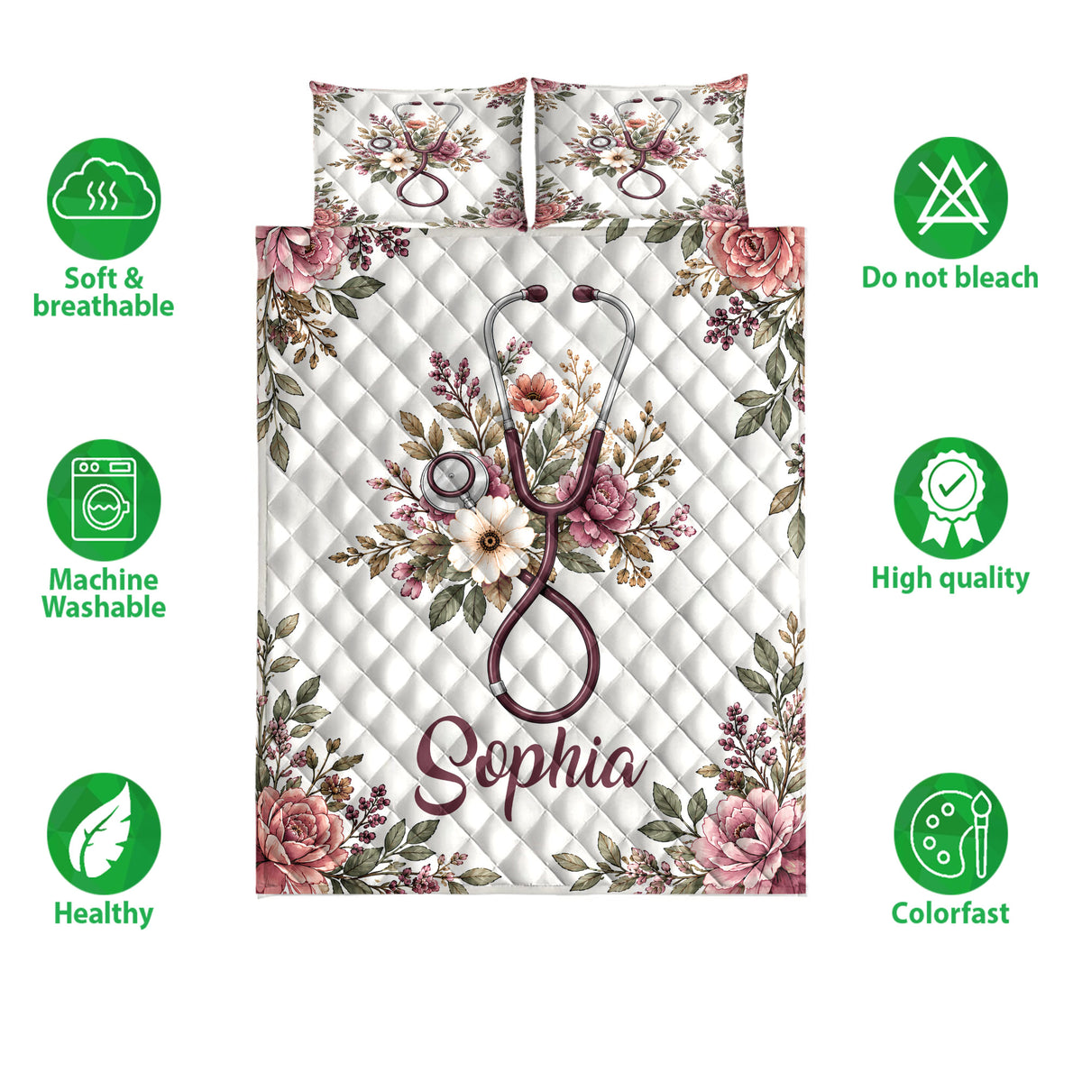 Nurse quilt bedding set shown with floral stethoscope artwork and product care and quality feature icons