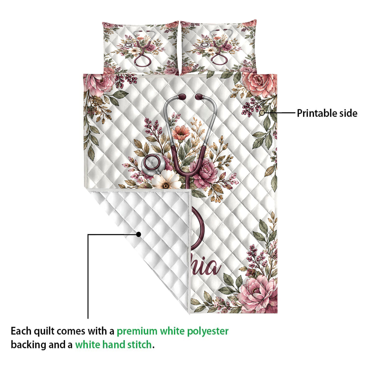 Nurse quilt detail showing the printed floral stethoscope design, quilted surface, and white backing