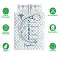 Nurse quilt bedding set shown flat with stethoscope artwork, medical symbols, floral design, and feature icons