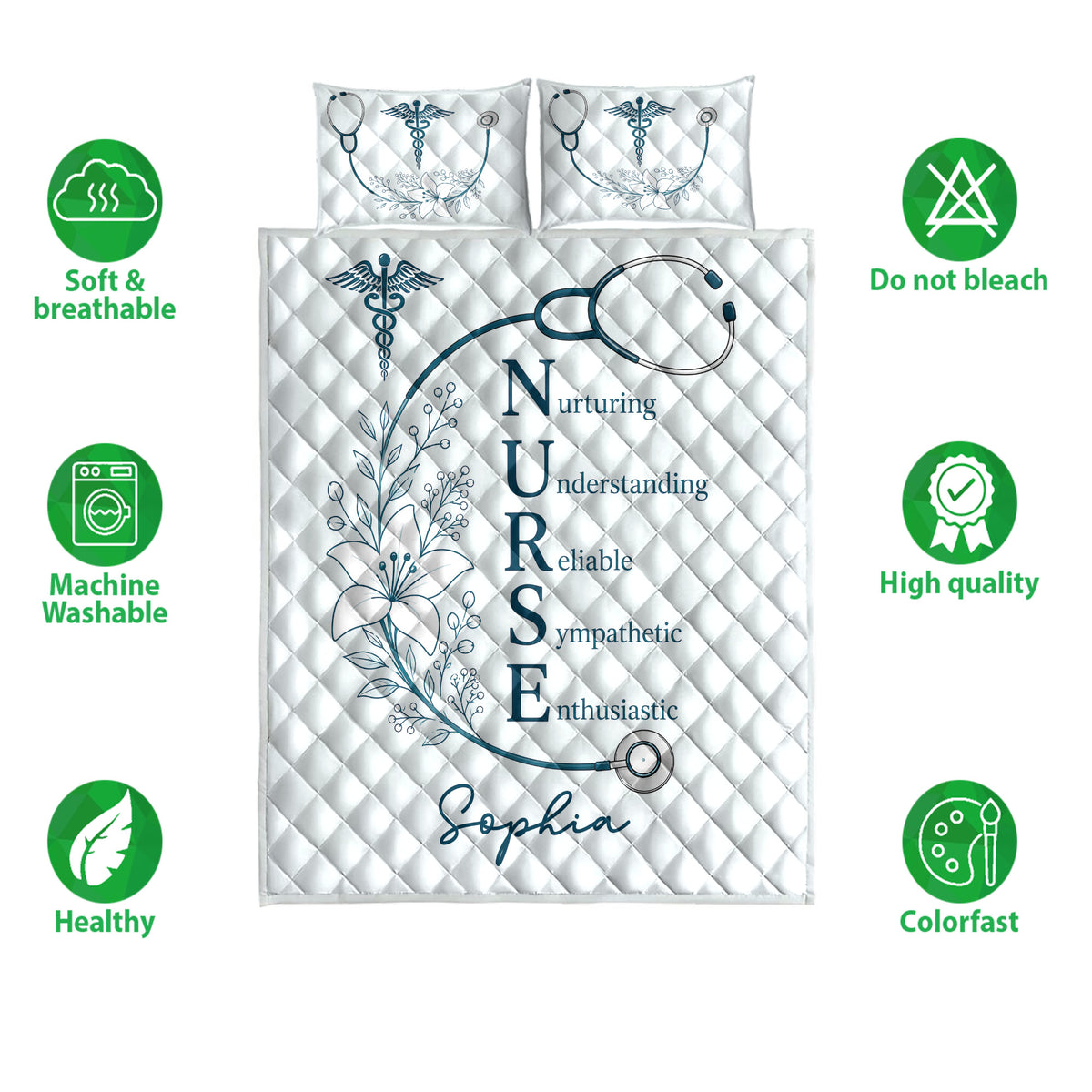 Nurse quilt bedding set shown flat with stethoscope artwork, medical symbols, floral design, and feature icons