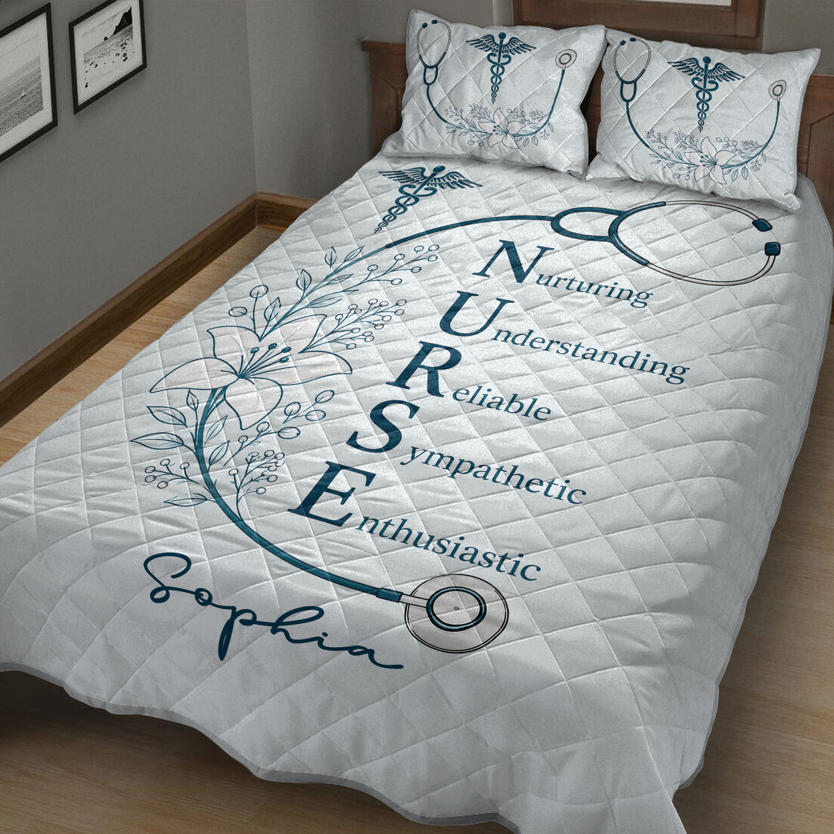 Nurse bedding set shown in a bedroom with stethoscope, caduceus-inspired medical symbol, and botanical artwork