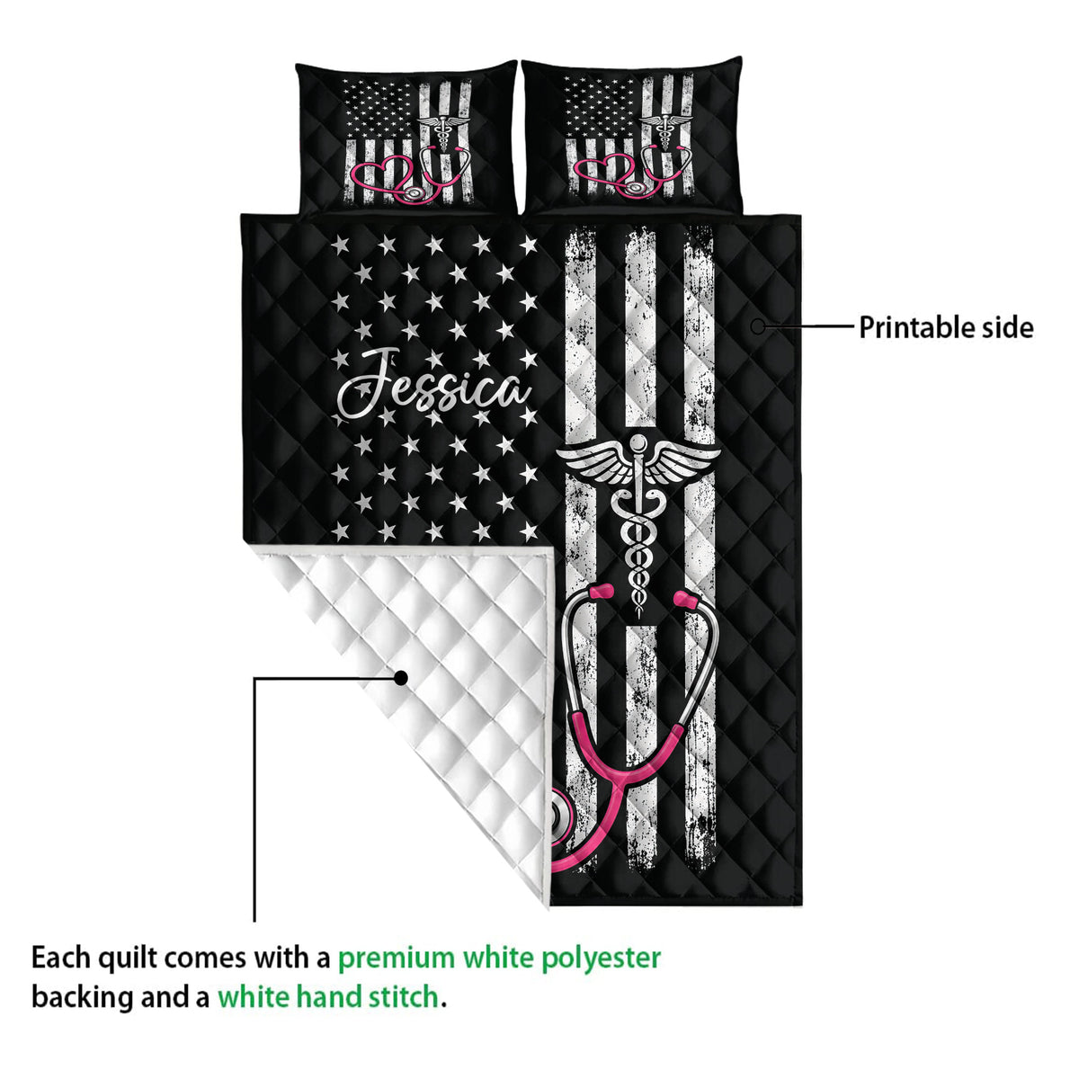 Nurse quilt showing the printed side, white quilted backing, and pink stethoscope artwork