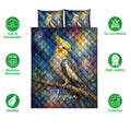 Cockatiel quilt bedding set shown with colorful bird artwork and feature icons around the bed display