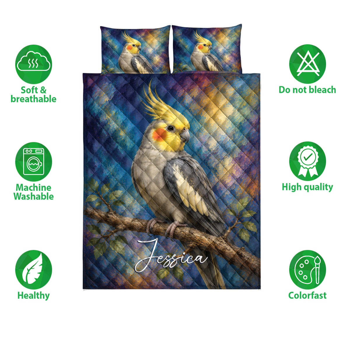 Cockatiel quilt bedding set shown with colorful bird artwork and feature icons around the bed display