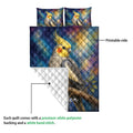 Cockatiel quilt blanket construction view showing the printed side and white quilted backing